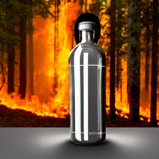 Prompt: a hyper hd advertisement photo of a translucent glass vodka bottle in the style of a propane cylinder with a forest fire surrounding it, dramatic lighting, sigma 5 0 mm, ƒ / 8, behance