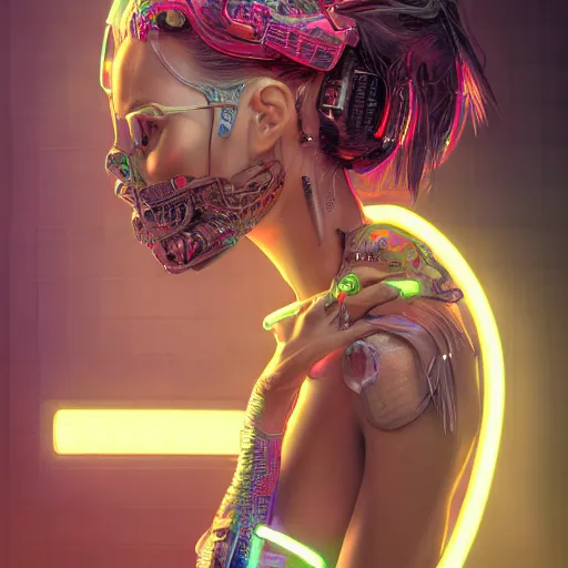 Prompt: the portrait of an absurdly beautiful, graceful, sophisticated, fashionable cyberpunk gravure idol, an ultrafine hyperdetailed illustration by kim jung gi, irakli nadar, intricate linework, neon colors, porcelain skin, unreal engine 5 highly rendered, global illumination, radiant light, detailed and intricate environment