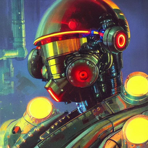 Image similar to a dark and colorful close - up side profile portrait of a sci - fi mecha robot with led lights glowing fog in the background. highly detailed science fiction painting by norman rockwell, frank frazetta, and syd mead. rich colors, high contrast, gloomy atmosphere, dark background. trending on artstation