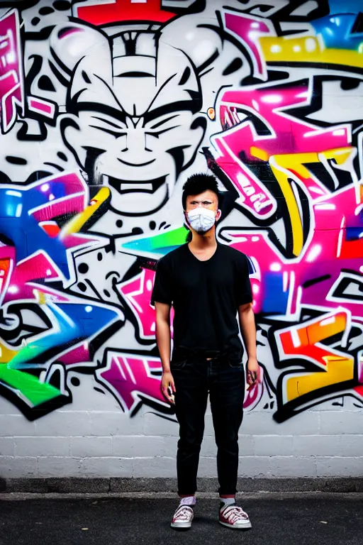 Image similar to asian guy with oni mask stand in front of wall with full of graffiti tag and mural, photorealistic, smooth, 4 k, aesthetic lighting, baroque object, facial features, hyperdetailed, professional photography, pullitzer winning, photo by : canon eos 5 d mark iv, by karah mew and adnan abidi and jodie bateman