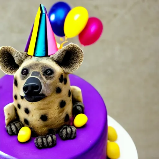Prompt: a birthday cake with a hyena on top