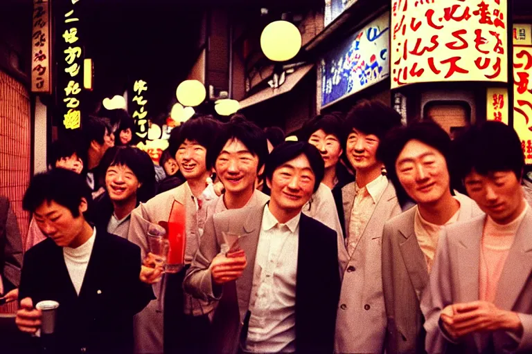 Image similar to masterful photography by haruto hoshi and yang seung woo and saul leiter, young people enjoying night life in kabuki cho japan in the 1 9 9 0 s, film grain, full color, shot on kodak gold with a canon 8 5 mm lens aperture f / 5. 6, hyperrealistic