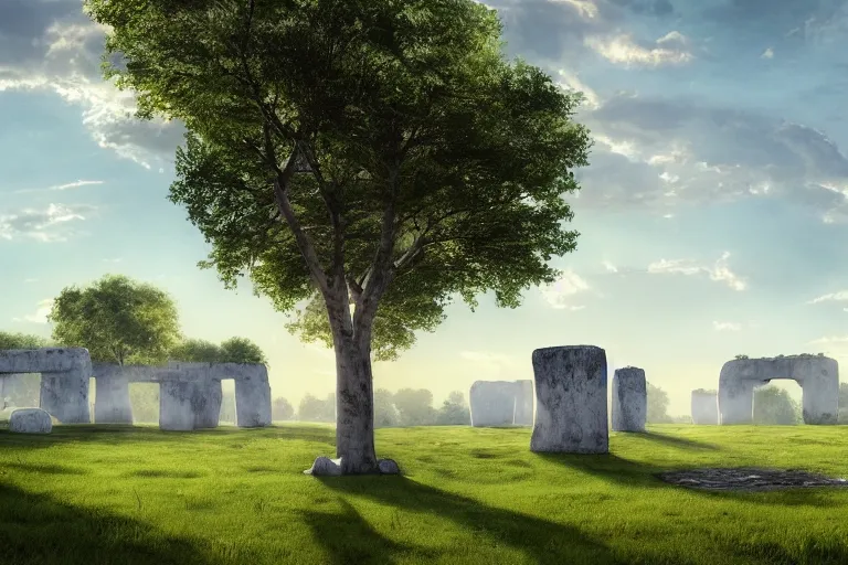 Prompt: White monolithic henge surging with magic at the bottom of green hills surrounded by a moat, clear blue skies in the background, by Thomas Kincade, Richard Sigamani, 8k photorealistic, cinematic lighting, HD, high details, dramatic, trending on artstation