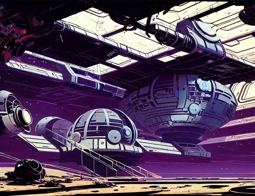 Image similar to concept art of an abandoned space station, by syd mead, cyberpunk, derelict, ancient, intricate details, cinematic, epic