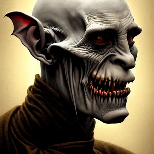 Image similar to portrait painting of horrifyingly disfigured nosferatu vampire wearing battered vietnam fatigues, ultra realistic, concept art, intricate details, eerie, highly detailed, photorealistic, octane render, 8 k, unreal engine. art by artgerm and greg rutkowski and charlie bowater and magali villeneuve and alphonse mucha