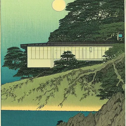 Image similar to painting by Hasui Kawase, atmospheric cozy futuristic organic white concrete house in the middle of a lush and dense forest at night, a beautiful lake next to it, night time, night sky, starry night sky, by Hasui Kawase