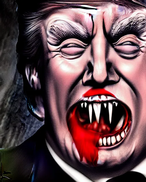 Image similar to donald trump as dracula with fangs out, character portrait, close up, concept art, intricate details, hyperrealism, photorealistic, in the style of otto dix and h. r giger