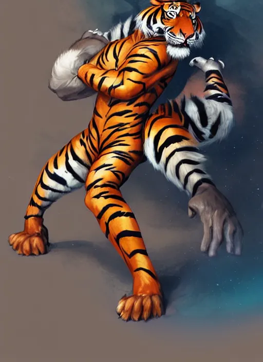 Image similar to character portrait of a male anthro Tiger fursona wearing wrestler's spandex in a futuristic wrestling ring. Character design by charlie bowater, ross tran, artgerm, and makoto shinkai, detailed, inked, western comic book art