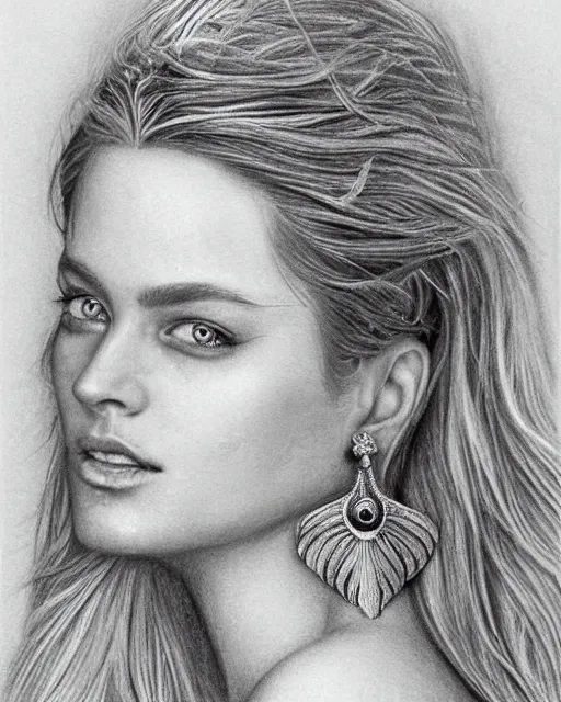 Prompt: pencil drawing of beautiful greek goddess aphrodite with arrowhead earrings and beautiful feather jewelry, beautiful piercing eyes, beautiful blonde hair flying in the wind, hyper realistic face, in the style of greg rutkowski, fantasy, amazing detail, epic, elegant, smooth, sharp focus, from the front