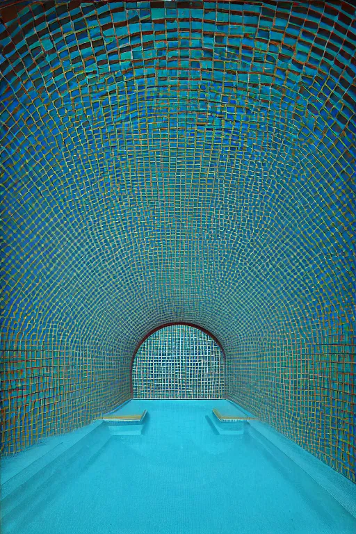 Prompt: non - euclidean, geometric tiled swimming pool tunnels into infinity, cubic and right angles, cube portals, 1 9 6 0 s, color bleed, ektachrome photograph, volumetric lighting, f 8 aperture, cinematic eastman 5 3 8 4 film stanley kubrick