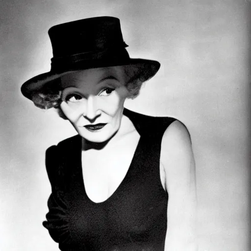 Prompt: Marlene Dietrich wearing black clothes and a black hat. Color.