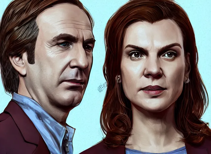 Image similar to ilustration of kim wexler and saul goodman, extremely detailed artstation, for aaa game, high quality, adobe ilustrator, behance