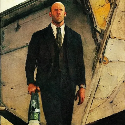 Image similar to Portrait of Jason Statham Pet Detective Standing atop a Garbage Truck Newell Convers Wyeth Andrew Wyeth Jamie Wyeth