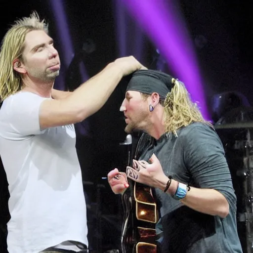 Image similar to chad robert kroeger of nickelback looking at a mystery object on someone's head