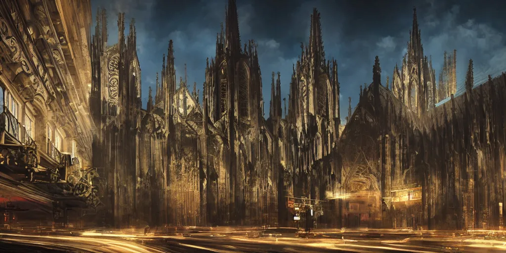 Prompt: wide shot, photorealistic art of a cyberpunk punk and steampunk Cologne Cathedral, city concept, dynamic lighting, hyper realistic, cinematic, realism