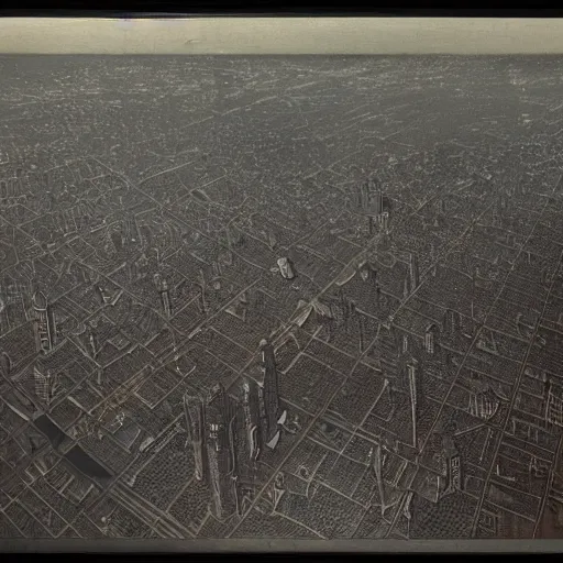 Image similar to muted color photorealistc painting of a nightmarish boston downtown in 1 9 2 5 skyline at night, aerial view, dark, brooding, night, atmospheric, horror, cosmic, ultra - realistic, smooth, highly detailed