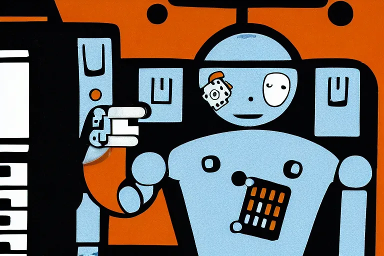 Image similar to highly detail cinematic picture of a robot eating a floppy disk for breakfast