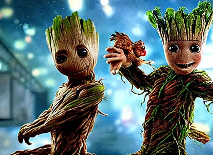 Image similar to film still of young groot having a dance party with a chicken in the new avengers movie, 4 k,