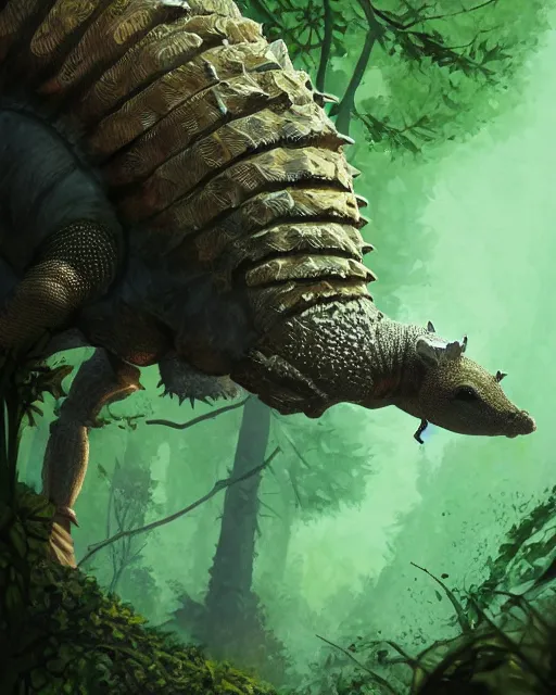 Image similar to Armadillo in armor, green, forest background, magic the gathering artwork, D&D, fantasy, cinematic lighting, centered, symmetrical, highly detailed, digital painting, artstation, concept art, smooth, sharp focus, illustration, volumetric lighting, epic Composition, 8k, art by Akihiko Yoshida and Greg Rutkowski and Craig Mullins, oil painting, cgsociety