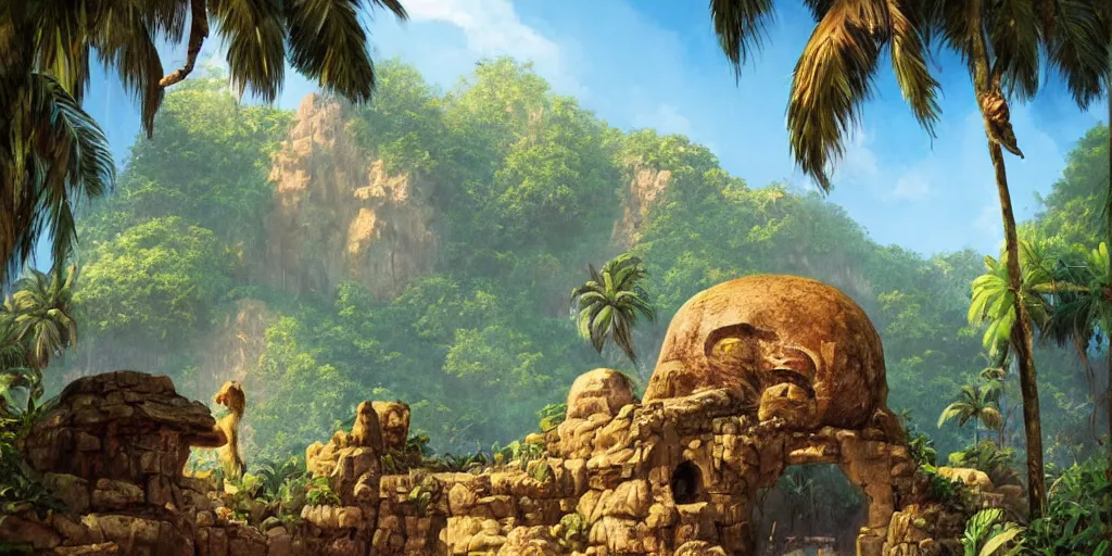 Prompt: ”a huge primitive monkey’s head catved out of stone with a mouth as an entrance to a cave inside, [caribbean, jungle, palm trees, beach, wide angle, side view, cinematic, monkey island, art by wlop and paul lehr]”