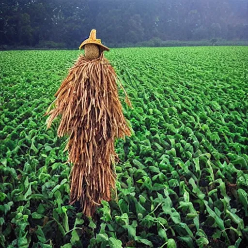 Prompt: ”scarecrow in a cornfield shaped like labyrinth”