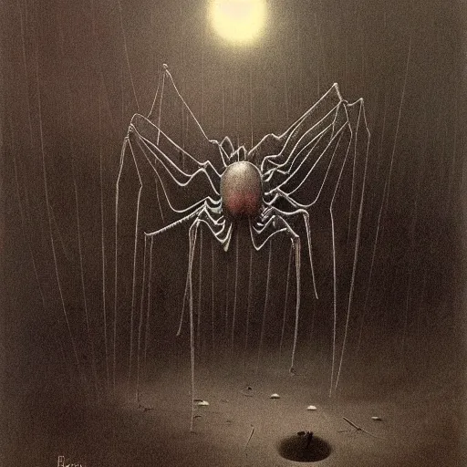 Prompt: spider home dark place by zdzisław beksiński