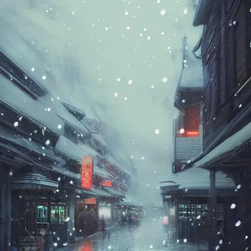 Prompt: distant shot of snow falling over a city shopping district mixed with a magical forest, by makoto shinkai, highly detailed, artstation, high resolution