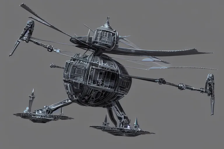 Image similar to concept art of a futuristic helicopter, in gunmetal grey, extremely symmetrical, blueprint schematics, top down view, bottom view, side view, aggressive panels, mecha inspired, russian chopper, minigun turret, robotic, highly detailed, artstation, pinterest, super realistic, houdini 3 d, octane render