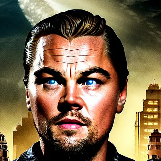 Image similar to movie poster depicting andrew ryan, portrayed by leonardo dicaprio, in a new live - action bioshock movie, the underwater city of rapture is also present, highly detailed face