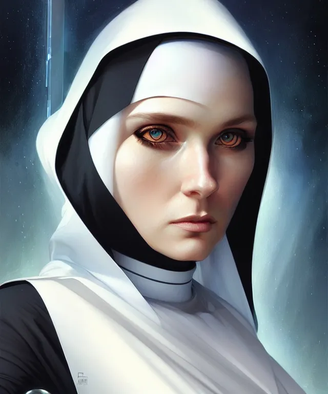 Image similar to futuristic nun woman portrait, sci - fi, amber eyes, face, long hair, fantasy, intricate, elegant, highly detailed, digital painting, artstation, concept art, smooth, sharp focus, illustration, art by artgerm and greg rutkowski and alphonse mucha