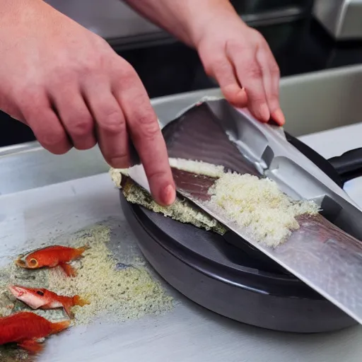 Prompt: fish being cut in a food processor