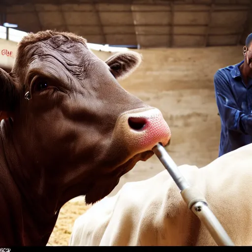 Image similar to kanye west milking a cow, realistic, 8 k, high details, detailed face, sharp focus