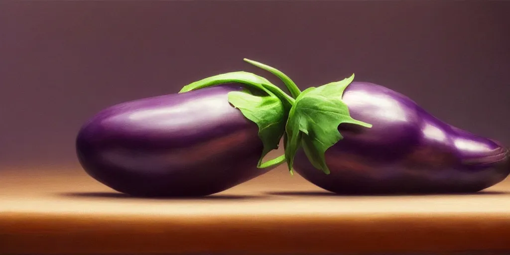 Prompt: an eggplant on a table, close-up, extremely detailed oil painting, unreal 5 render, rhads, Bruce Pennington, Studio Ghibli, tim hildebrandt, digital art, octane render, beautiful composition, trending on artstation, award-winning photograph, masterpiece