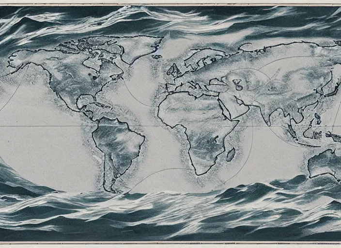 Prompt: old world ocean map depicting storms and whirlpools in the form of the aeolus. anemoi. blustering blast by charles simic