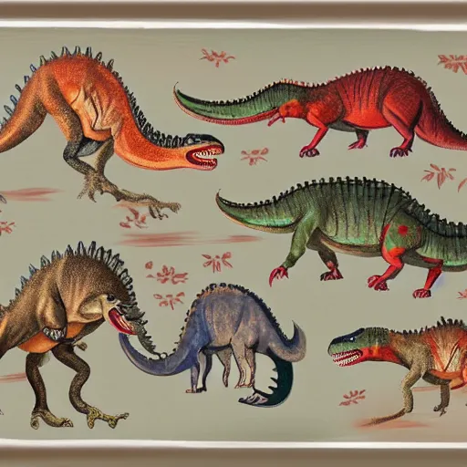 Prompt: Dinosaurs painted in classic Chinese style