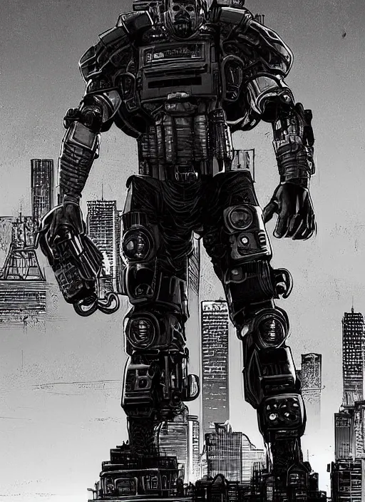 Image similar to Dumb Bubba. Buff cyberpunk meathead trying to intimidate a hacker. Large man looms over smaller figure. Realistic Proportions. Concept art by James Gurney and Laurie Greasley. Moody Industrial skyline. ArtstationHQ. Creative character design for cyberpunk 2077.