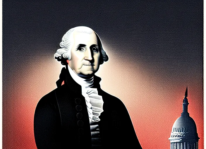 Prompt: portrait of George Washington in front of modern american capitol building, Mads Berg, Karolis Strautniekas,small finely stippled light, dramatic lighting,fine texutre editorial illustration, detailed, matte print, film noir, dynamic composition,moody, red, dark blue, beige, black