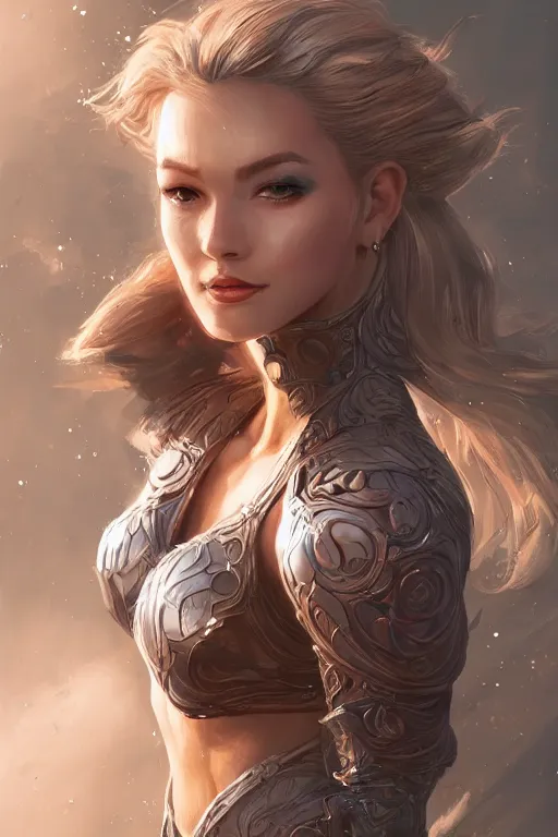 Image similar to three-quarters portrait pose of a beautiful woman, strong body,super heroine costume, human super powers, fantasy, intricate, elegant, highly detailed, digital painting, artstation, concept art,shining, sharp focus,D&D, illustration, art by Stanley Lau