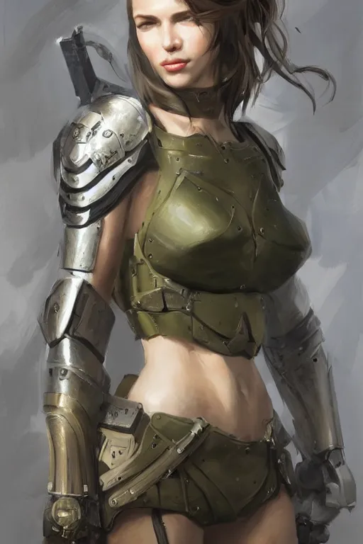 Image similar to a professionally painted portrait of an attractive young woman, clothed in military armor, olive skin, long dark hair, beautiful bone structure, symmetrical facial features, intricate, elegant, digital painting, trending on Artstation, concept art, smooth, sharp focus, illustration, from Metal Gear by Ruan Jia and Mandy Jurgens and Artgerm and William-Adolphe Bouguerea, award winning