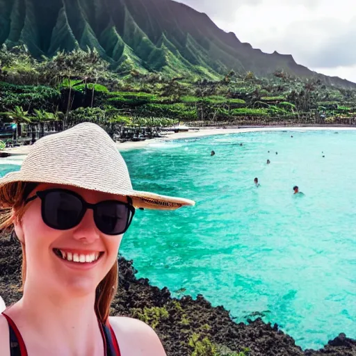 Prompt: A tourist taking a selfie at a tourist resort in Hawaii