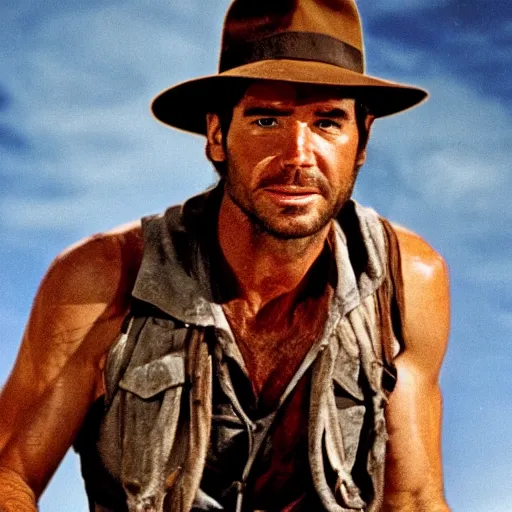 Image similar to zoomed out portrait of young Indiana Jones, 1980, rugged, ripped clothes holding whip, Tran, Ross