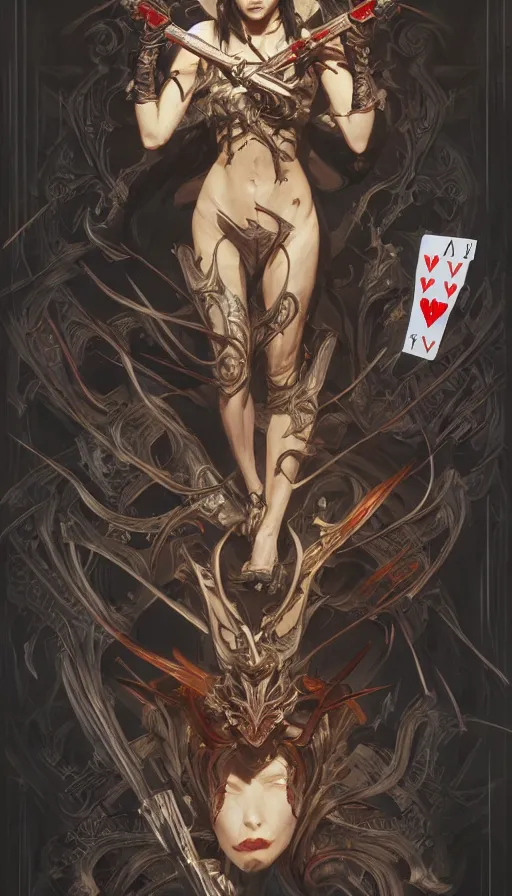 Prompt: demon hunteras a playing card, sweaty, dynamic action pose, insane, intricate, highly detailed, digital painting, artstation, concept art, smooth, sharp focus, illustration, Unreal Engine 5, 8K, art by artgerm and greg rutkowski and alphonse mucha