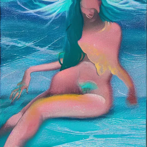 Image similar to beauty silhouette drowning in a turquoise wavy sea, feminine, healing, appeasing, waves, tsunami, she loves another one, mental health, oil painting, by francis bacon, emotional conflict, hd, 8 k, trending on artstation, paradoxal, perfect framing, neo - expressionism, expressive