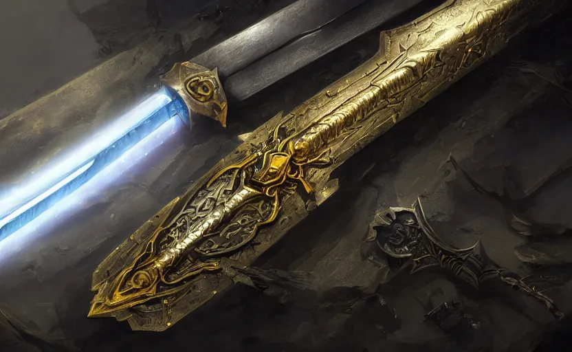 Image similar to legendary sword of cybernetic technology lying flat on a glowing table, digital award winning hd matte painting, intimate dark moody, intricate, long sharp black and iridescent blade, ornate spikes, colorful hilt, detailed realistic, raytraced blade, colored gems, golden pommel, in the style of greg rutkowski and krenz cushart, deviantart
