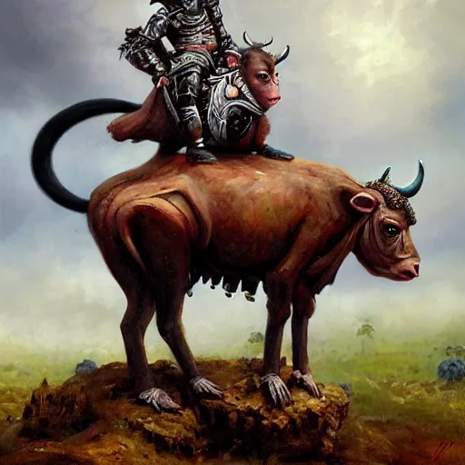 Prompt: A monkey riding an armored cow, by Heather Theurer