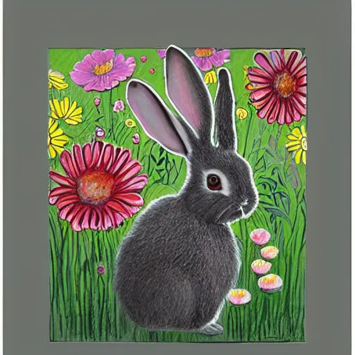 Image similar to The drawing is a beautiful and playful work that perfectly encapsulates the artist's unique style. The drawing features a rabbit made out of ceramic, which is surrounded by brightly colored flowers. The work is both charming and sophisticated, and it is sure to bring a smile to any viewer's face. pastel by Serge Marshennikov, by Ryoji Ikeda