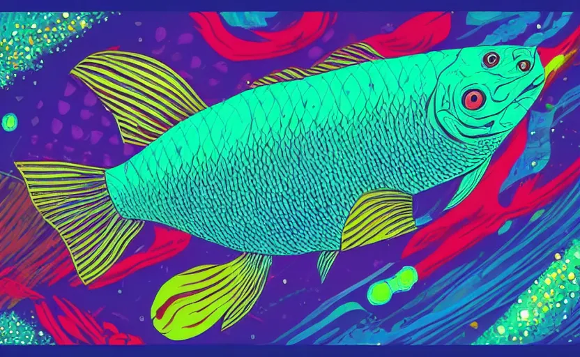 Image similar to one stylized fish with saturated colors viewed in profile in the dark ocean filled with complex sparkles and patterns, artstation, intricate, realistic, highly detailed, digital painting, concept art, sharp focus, illustration by tom whalen and charles williams and kilian eng and james jean