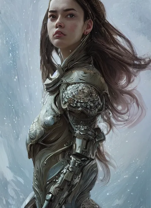 Image similar to a professional portrait of a beautiful young female, clothed in ethereal battle armor, olive skin, long dark hair, beautiful bone structure, symmetrical facial features, intricate, elegant, digital painting, concept art, smooth, sharp focus, finely detailed, illustration, from Valerian and the City of a Thousand Planets, in the style of Ruan Jia and Mandy Jurgens and Artgerm and Greg Rutkowski and William-Adolphe Bouguerea