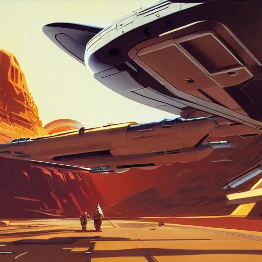 Image similar to concept art, transport spacecraft, exterior, Syd Mead, very wide view, atmospheric, epic composition