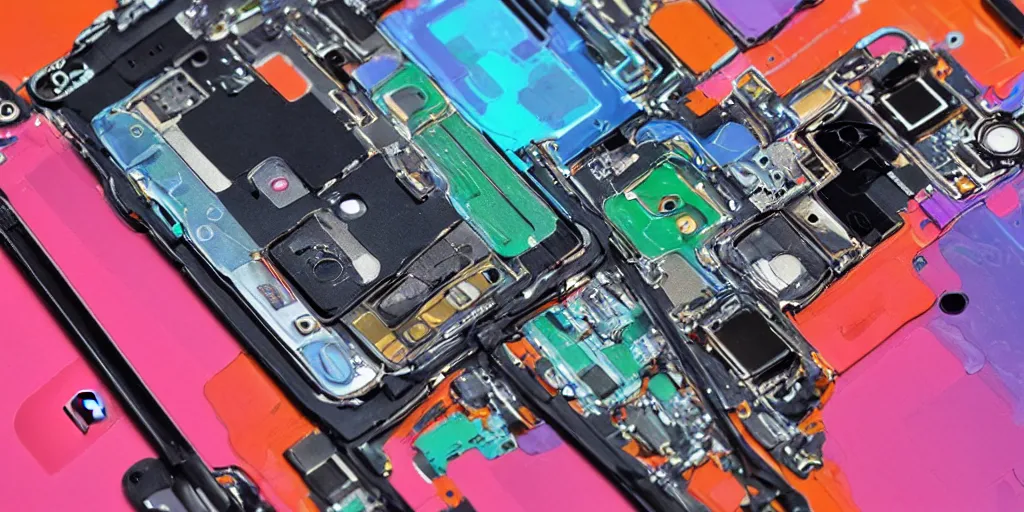 Image similar to the inner workings of an iPhone 13, high detail, colorful